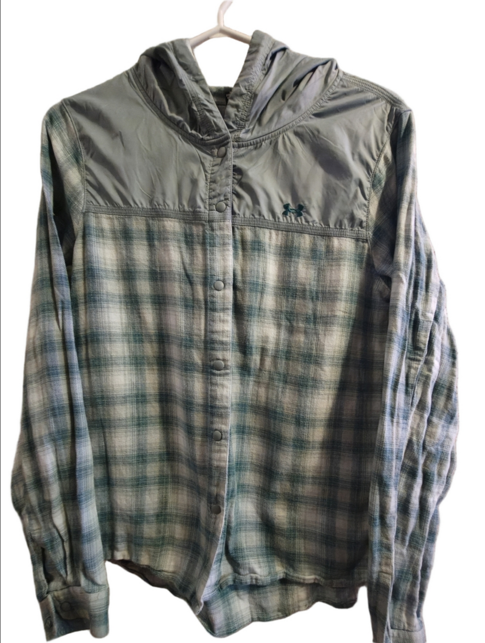 Under Armour Women's Teal and White Plaid Hooded Button-Up Size M